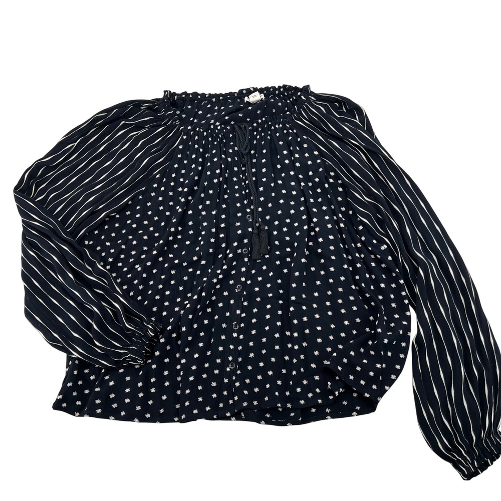 Billabong Black White Geometric Print Smocked Neck Long Sleeve Blouse Top L